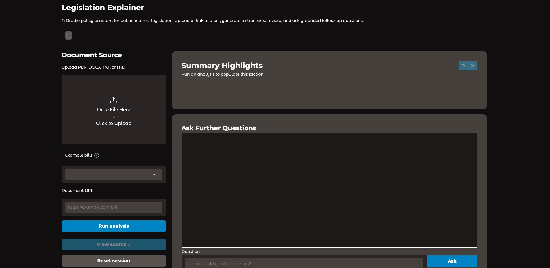 Landscape screenshot of the Legislation Explainer Gradio app